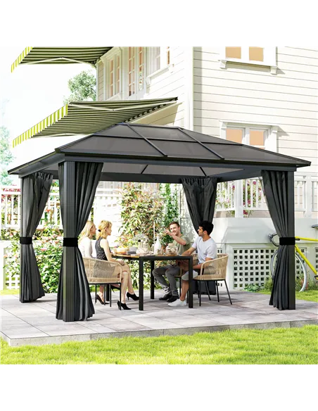 Outsunny 3 x 3.6m Hardtop Gazebo Canopy with Polycarbonate Roof, Aluminium Frame, Permanent Pavilion Garden Gazebo with Netting 