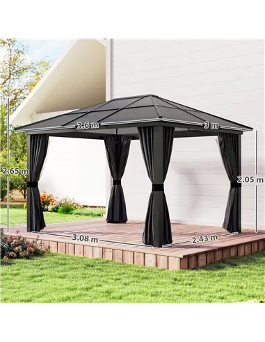 Outsunny 3 x 3.6m Hardtop Gazebo Canopy with Polycarbonate Roof, Aluminium Frame, Permanent Pavilion Garden Gazebo with Netting 