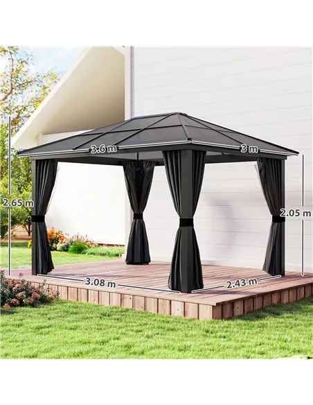 Outsunny 3 x 3.6m Hardtop Gazebo Canopy with Polycarbonate Roof, Aluminium Frame, Permanent Pavilion Garden Gazebo with Netting 