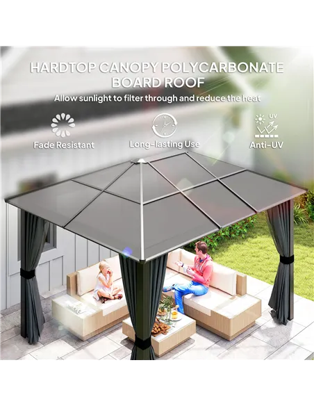 Outsunny 3 x 3.6m Hardtop Gazebo Canopy with Polycarbonate Roof, Aluminium Frame, Permanent Pavilion Garden Gazebo with Netting 