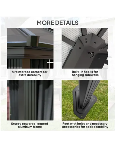 Outsunny 3 x 3.6m Hardtop Gazebo Canopy with Polycarbonate Roof, Aluminium Frame, Permanent Pavilion Garden Gazebo with Netting 