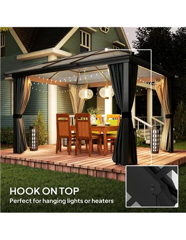 Outsunny 3 x 3.6m Hardtop Gazebo Canopy with Polycarbonate Roof, Aluminium Frame, Permanent Pavilion Garden Gazebo with Netting 