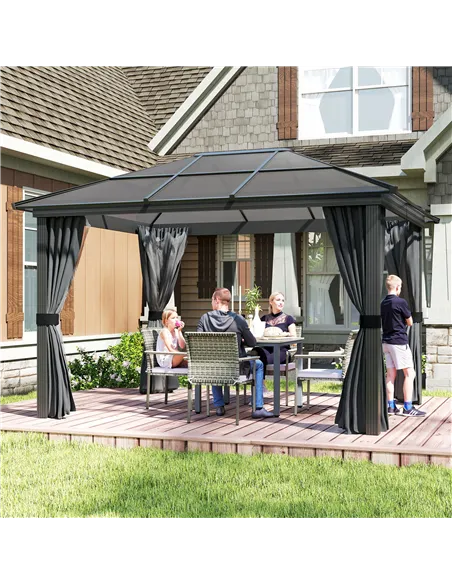 Outsunny 3 x 3.6m Hardtop Gazebo Canopy with Polycarbonate Roof, Aluminium Frame, Permanent Pavilion Garden Gazebo with Netting 