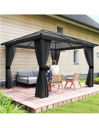 Outsunny 3 x 3.6m Hardtop Gazebo Canopy with Polycarbonate Roof, Aluminium Frame, Permanent Pavilion Garden Gazebo with Netting 