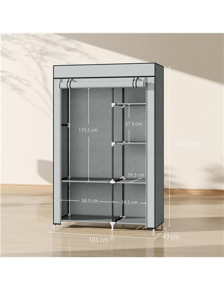 HOMCOM Fabric Wardrobe, Portable Wardrobe with 6 Shelves, 1 Hanging Rail, Foldable Closets, 103 x 43 x 162.5 cm, Light Grey