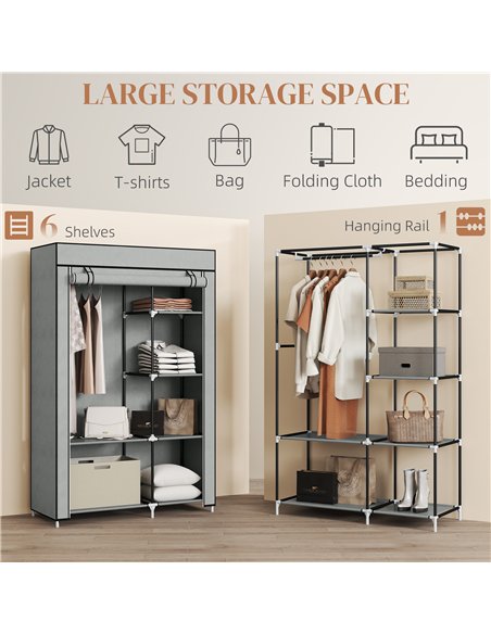 HOMCOM Fabric Wardrobe, Portable Wardrobe with 6 Shelves, 1 Hanging Rail, Foldable Closets, 103 x 43 x 162.5 cm, Light Grey