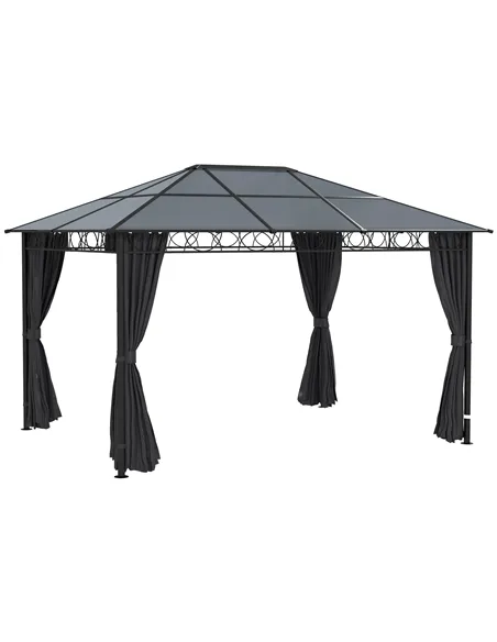 Outsunny Hardtop Gazebo Garden Pavilion with UV Resistant Polycarbonate Roof, Curtains, Steel & Aluminium Frame, 3 x 4m, Grey