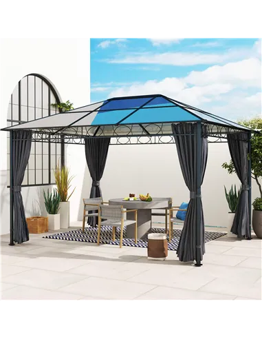 Outsunny Hardtop Gazebo Garden Pavilion with UV Resistant Polycarbonate Roof, Curtains, Steel & Aluminium Frame, 3 x 4m, Grey
