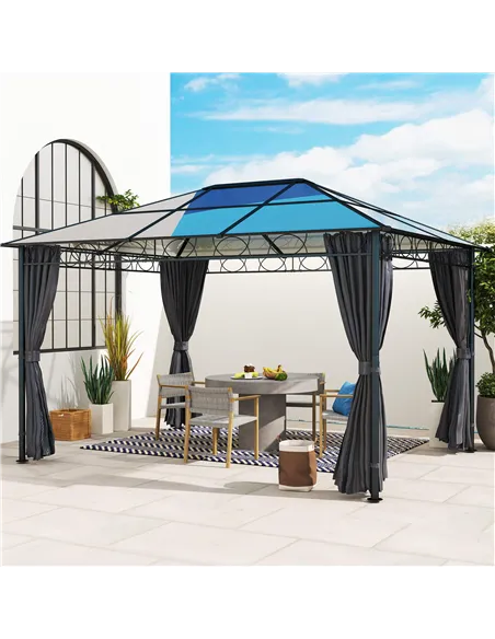 Outsunny Hardtop Gazebo Garden Pavilion with UV Resistant Polycarbonate Roof, Curtains, Steel & Aluminium Frame, 3 x 4m, Grey
