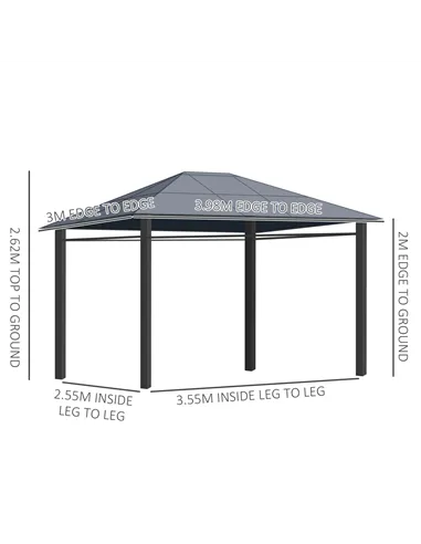 Outsunny Hardtop Gazebo Garden Pavilion with UV Resistant Polycarbonate Roof, Curtains, Steel & Aluminium Frame, 3 x 4m, Grey