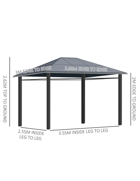 Outsunny Hardtop Gazebo Garden Pavilion with UV Resistant Polycarbonate Roof, Curtains, Steel & Aluminium Frame, 3 x 4m, Grey