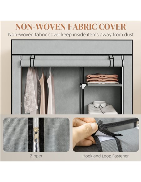 HOMCOM Fabric Wardrobe, Portable Wardrobe with 6 Shelves, 1 Hanging Rail, Foldable Closets, 103 x 43 x 162.5 cm, Light Grey