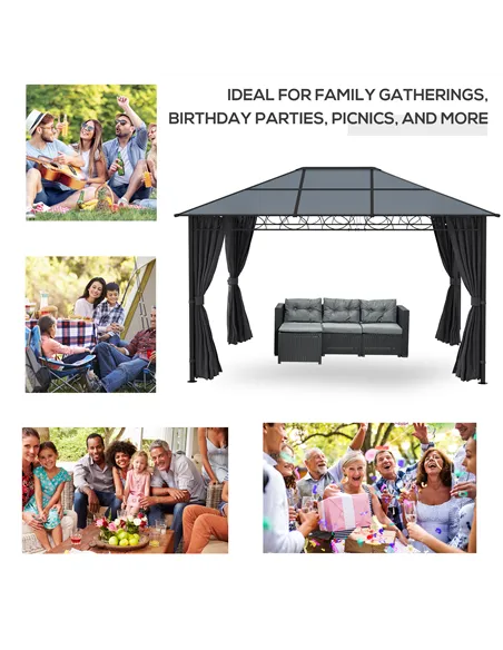 Outsunny Hardtop Gazebo Garden Pavilion with UV Resistant Polycarbonate Roof, Curtains, Steel & Aluminium Frame, 3 x 4m, Grey
