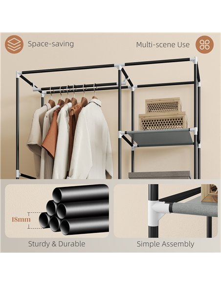 HOMCOM Fabric Wardrobe, Portable Wardrobe with 6 Shelves, 1 Hanging Rail, Foldable Closets, 103 x 43 x 162.5 cm, Light Grey