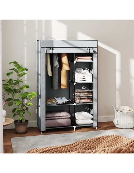HOMCOM Fabric Wardrobe, Portable Wardrobe with 6 Shelves, 1 Hanging Rail, Foldable Closets, 103 x 43 x 162.5 cm, Light Grey