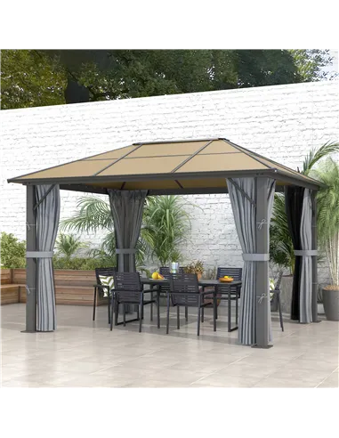 Outsunny 3 x 3.6m Garden Aluminium Gazebo Hardtop Roof Canopy Marquee Party Tent Patio with Mesh Curtains & Side Walls - Grey