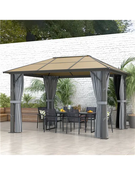 Outsunny 3 x 3.6m Garden Aluminium Gazebo Hardtop Roof Canopy Marquee Party Tent Patio with Mesh Curtains & Side Walls - Grey