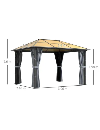 Outsunny 3 x 3.6m Garden Aluminium Gazebo Hardtop Roof Canopy Marquee Party Tent Patio with Mesh Curtains & Side Walls - Grey