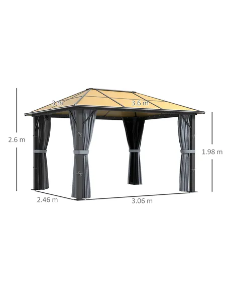 Outsunny 3 x 3.6m Garden Aluminium Gazebo Hardtop Roof Canopy Marquee Party Tent Patio with Mesh Curtains & Side Walls - Grey