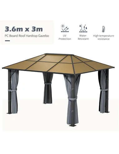 Outsunny 3 x 3.6m Garden Aluminium Gazebo Hardtop Roof Canopy Marquee Party Tent Patio with Mesh Curtains & Side Walls - Grey