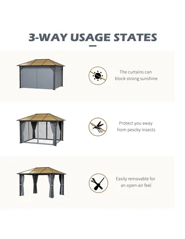 Outsunny 3 x 3.6m Garden Aluminium Gazebo Hardtop Roof Canopy Marquee Party Tent Patio with Mesh Curtains & Side Walls - Grey