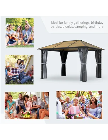 Outsunny 3 x 3.6m Garden Aluminium Gazebo Hardtop Roof Canopy Marquee Party Tent Patio with Mesh Curtains & Side Walls - Grey