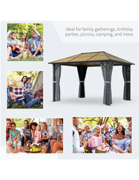Outsunny 3 x 3.6m Garden Aluminium Gazebo Hardtop Roof Canopy Marquee Party Tent Patio with Mesh Curtains & Side Walls - Grey