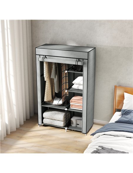 HOMCOM Fabric Wardrobe, Portable Wardrobe with 6 Shelves, 1 Hanging Rail, Foldable Closets, 103 x 43 x 162.5 cm, Light Grey