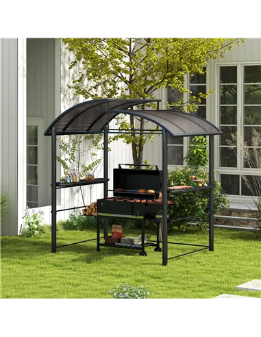 Outsunny 2.4 x 1.5m Outdoor Grill Gazebo with Side Shelves, PC Board Roof, Dark Grey