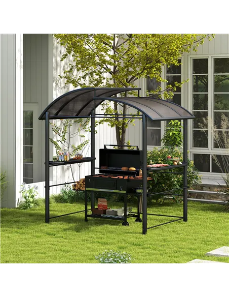 Outsunny 2.4 x 1.5m Outdoor Grill Gazebo with Side Shelves, PC Board Roof, Dark Grey