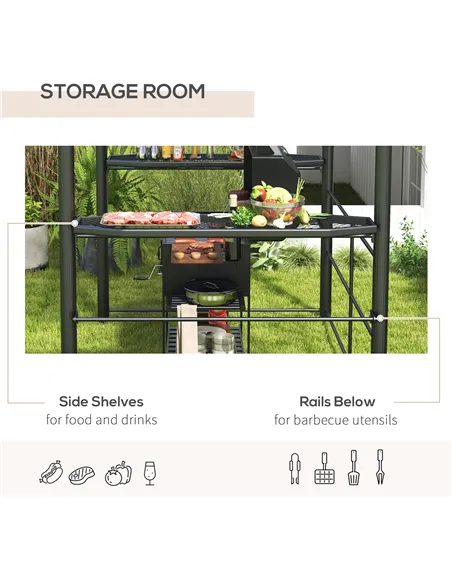 Outsunny 2.4 x 1.5m Outdoor Grill Gazebo with Side Shelves, PC Board Roof, Dark Grey