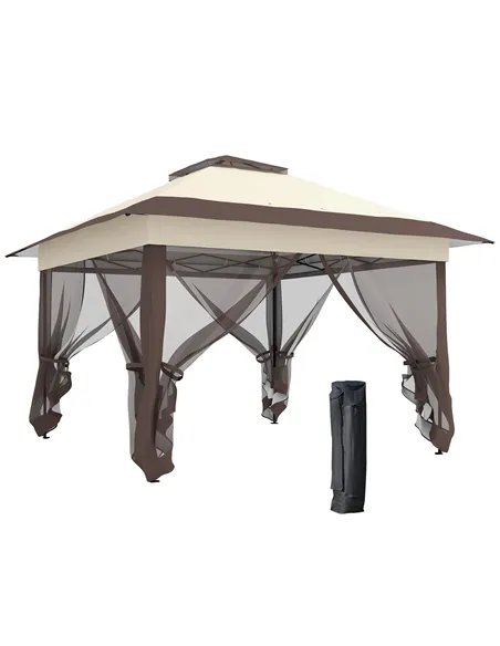 Outsunny 3.6 x 3.6 m Pop up Gazebo with Netting, Height Adjustable Party Tent Instant Canopy Sun Shade Shelter, Khaki