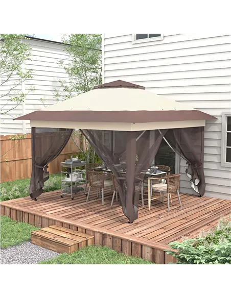 Outsunny 3.6 x 3.6 m Pop up Gazebo with Netting, Height Adjustable Party Tent Instant Canopy Sun Shade Shelter, Khaki