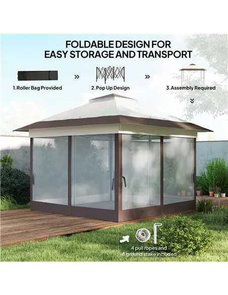 Outsunny 3.6 x 3.6 m Pop up Gazebo with Netting, Height Adjustable Party Tent Instant Canopy Sun Shade Shelter, Khaki