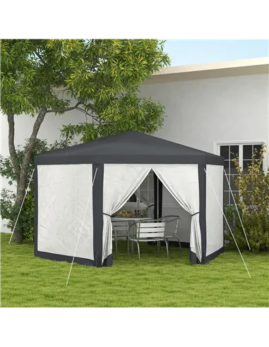 Outsunny 4M Hexagon Gazebo, Netting Party Tent, Patio Canopy Outdoor Event Shelter for Activities, Shade Resistant, Dark Grey
