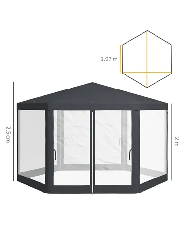 Outsunny 4M Hexagon Gazebo, Netting Party Tent, Patio Canopy Outdoor Event Shelter for Activities, Shade Resistant, Dark Grey