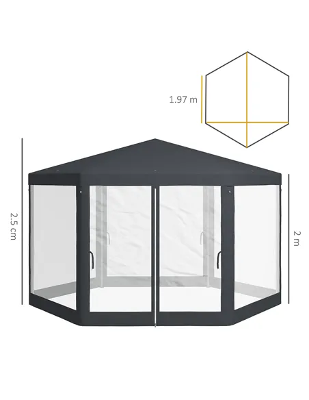 Outsunny 4M Hexagon Gazebo, Netting Party Tent, Patio Canopy Outdoor Event Shelter for Activities, Shade Resistant, Dark Grey