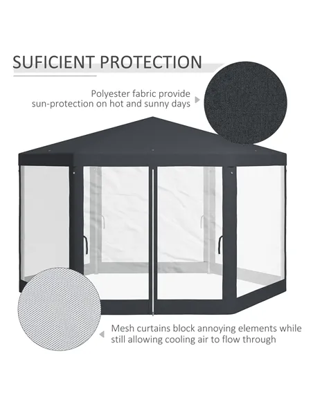 Outsunny 4M Hexagon Gazebo, Netting Party Tent, Patio Canopy Outdoor Event Shelter for Activities, Shade Resistant, Dark Grey