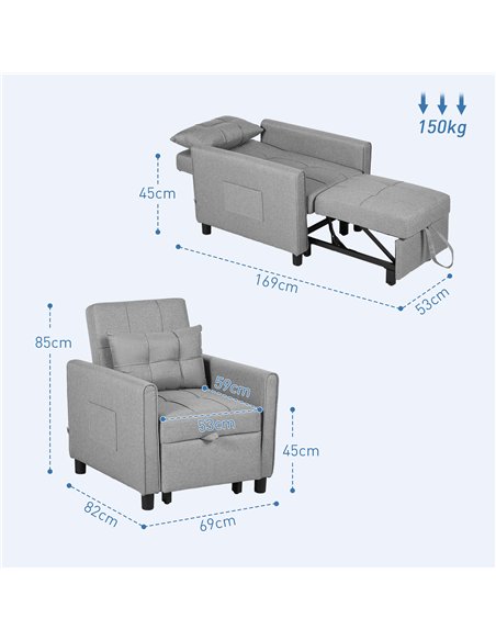HOMCOM Linen-Look Single Chair Bed - Light Grey