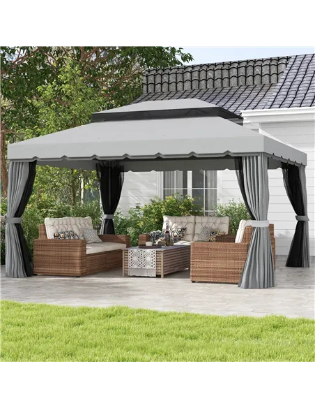 Outsunny 3 x 4m Aluminium Garden Gazebo, Marquee Canopy Shelter Pavilion Party Tent with Nets and Curtains for Garden and Deck, 
