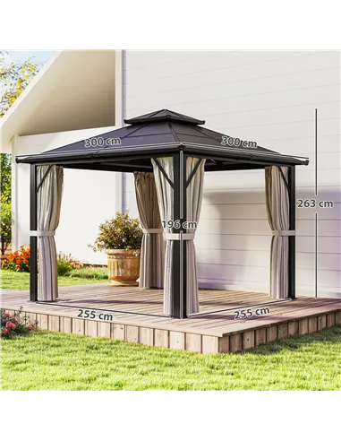 Outsunny 3 x 3(m) Hardtop Gazebo Canopy with UPF30+ Double Polycarbonate Roof, Aluminium Frame Garden Gazebo Permanent Pavilion 