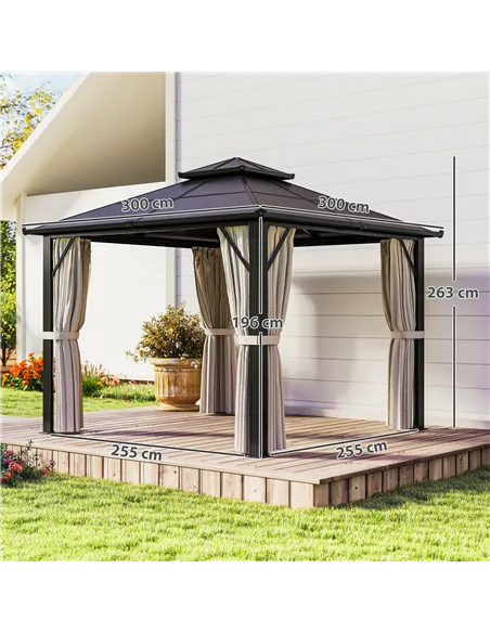 Outsunny 3 x 3(m) Hardtop Gazebo Canopy with UPF30+ Double Polycarbonate Roof, Aluminium Frame Garden Gazebo Permanent Pavilion 