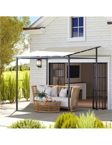 Outsunny 2.4 x 2.4 m Wall Mounted Pergola Gazebo with PA Coating Fabric and Metal Frame, UPF30+, Lean to Garden Gazebo, Wind Res