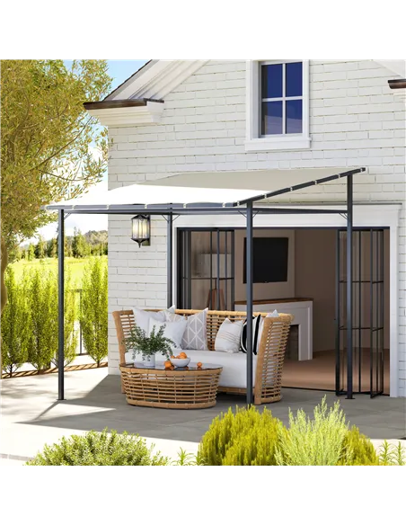 Outsunny 2.4 x 2.4 m Wall Mounted Pergola Gazebo with PA Coating Fabric and Metal Frame, UPF30+, Lean to Garden Gazebo, Wind Res