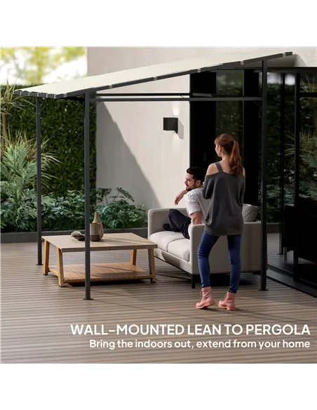 Outsunny 2.4 x 2.4 m Wall Mounted Pergola Gazebo with PA Coating Fabric and Metal Frame, UPF30+, Lean to Garden Gazebo, Wind Res