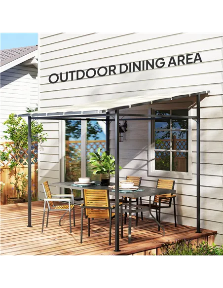 Outsunny 2.4 x 2.4 m Wall Mounted Pergola Gazebo with PA Coating Fabric and Metal Frame, UPF30+, Lean to Garden Gazebo, Wind Res