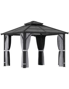 Outsunny 3 x 3(m) Hardtop Gazebo Canopy with 7mm Double Polycarbonate Roof, Garden Gazebo Permanent Pavilion with Mosquito Netti