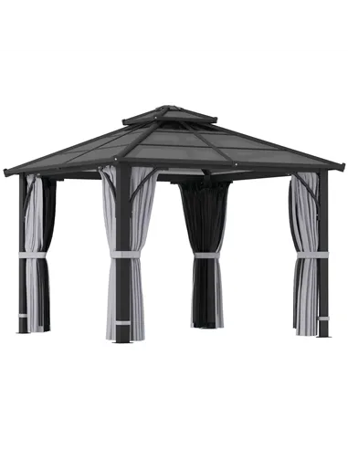 Outsunny 3 x 3(m) Hardtop Gazebo Canopy with 7mm Double Polycarbonate Roof, Garden Gazebo Permanent Pavilion with Mosquito Netti