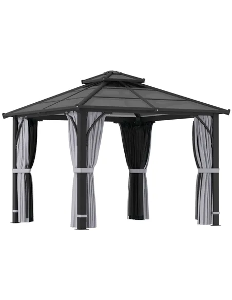 Outsunny 3 x 3(m) Hardtop Gazebo Canopy with 7mm Double Polycarbonate Roof, Garden Gazebo Permanent Pavilion with Mosquito Netti