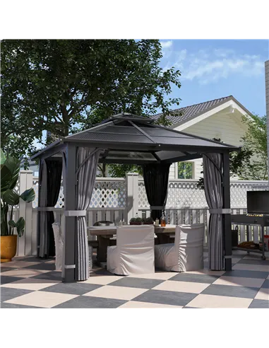 Outsunny 3 x 3(m) Hardtop Gazebo Canopy with 7mm Double Polycarbonate Roof, Garden Gazebo Permanent Pavilion with Mosquito Netti